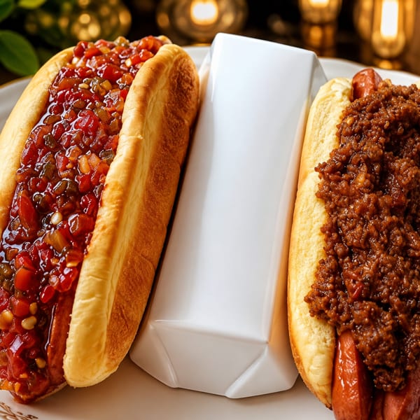 Two hot dogs on a plate, one with relish and one with chili, with a white napkin.