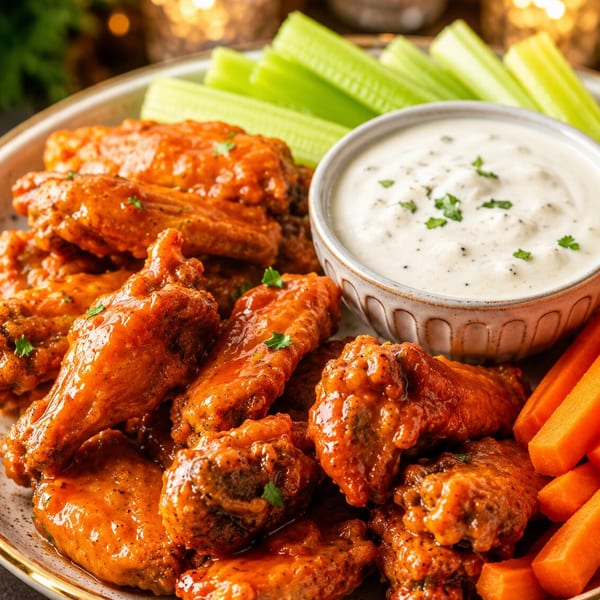 Spicy buffalo wings with ranch dressing, celery, and carrots on a plate with blurred background lights.