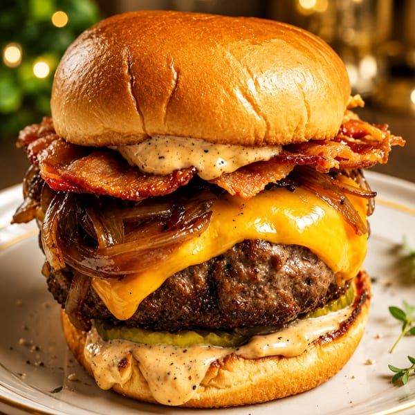 Gourmet burger with melted cheese, caramelized onions, crispy bacon, and special sauce on a bun.
